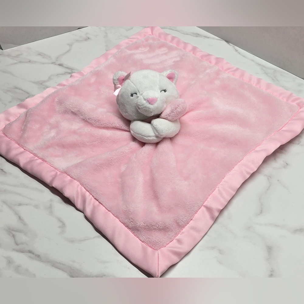 Carters White Pink Bow Kitty Cat Plush Lovey Baby Security Blanket Satin Trim